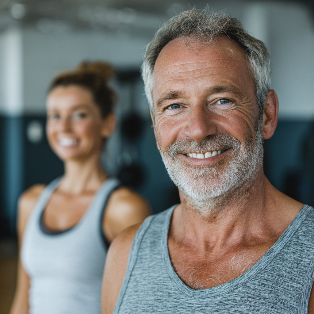 Mosolygós középkorú magyar férfi és nő fitnesz edzés közben